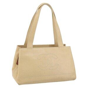 CHANEL Tote Bag Grained Calf Skin Beige Gold CC